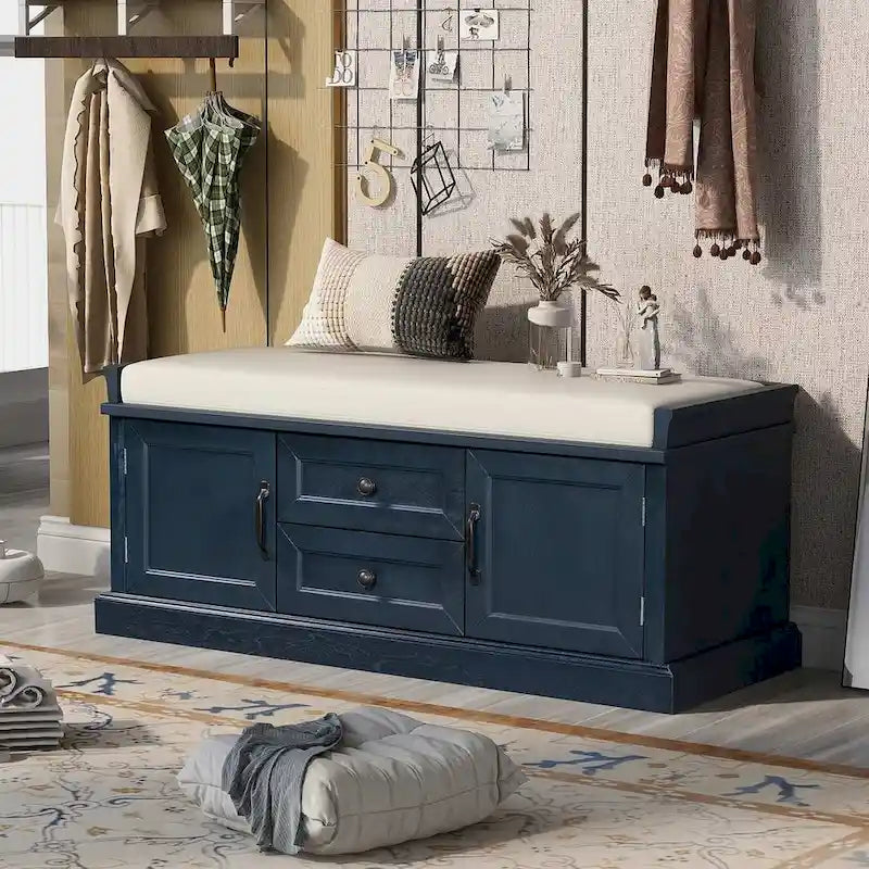 Panca contenitore imbottita in stile rustico con 2 cassetti e 2 armadietti