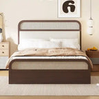 Boho Cane Wooden Platform Bed Queen Storage Bed with Wooden Headboard, Trundle and 2 Storage Drawers