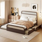 Letto a piattaforma Queen in legno di canna Boho con testiera in legno, letto estraibile e 2 cassetti portaoggetti