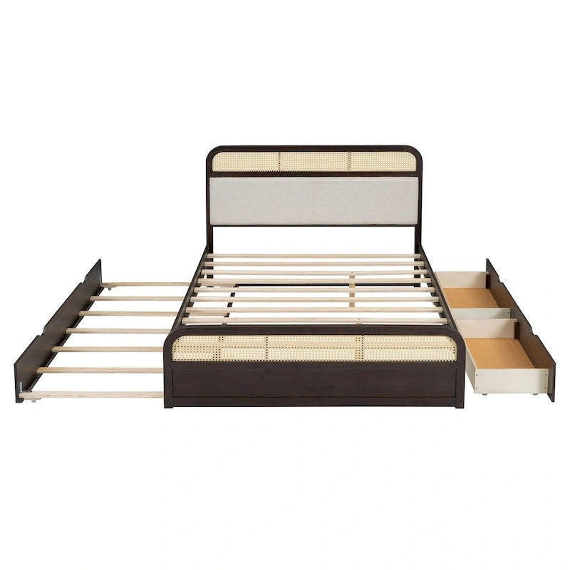 Letto a piattaforma Queen in legno di canna Boho con testiera in legno, letto estraibile e 2 cassetti portaoggetti