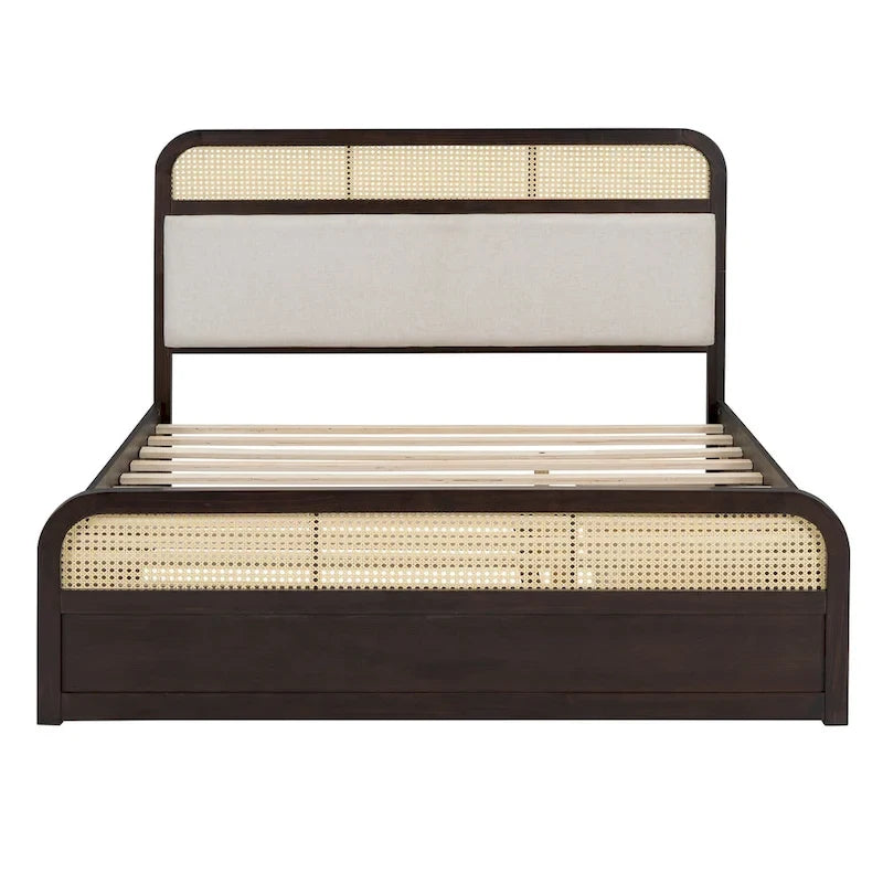 Letto a piattaforma Queen in legno di canna Boho con testiera in legno, letto estraibile e 2 cassetti portaoggetti