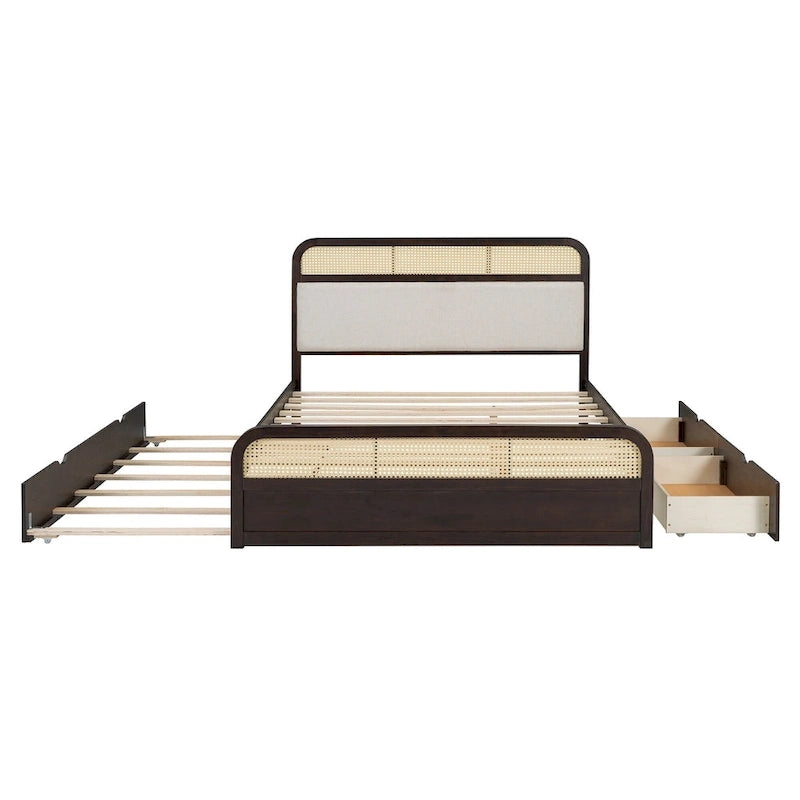Letto a piattaforma Queen in legno di canna Boho con testiera in legno, letto estraibile e 2 cassetti portaoggetti