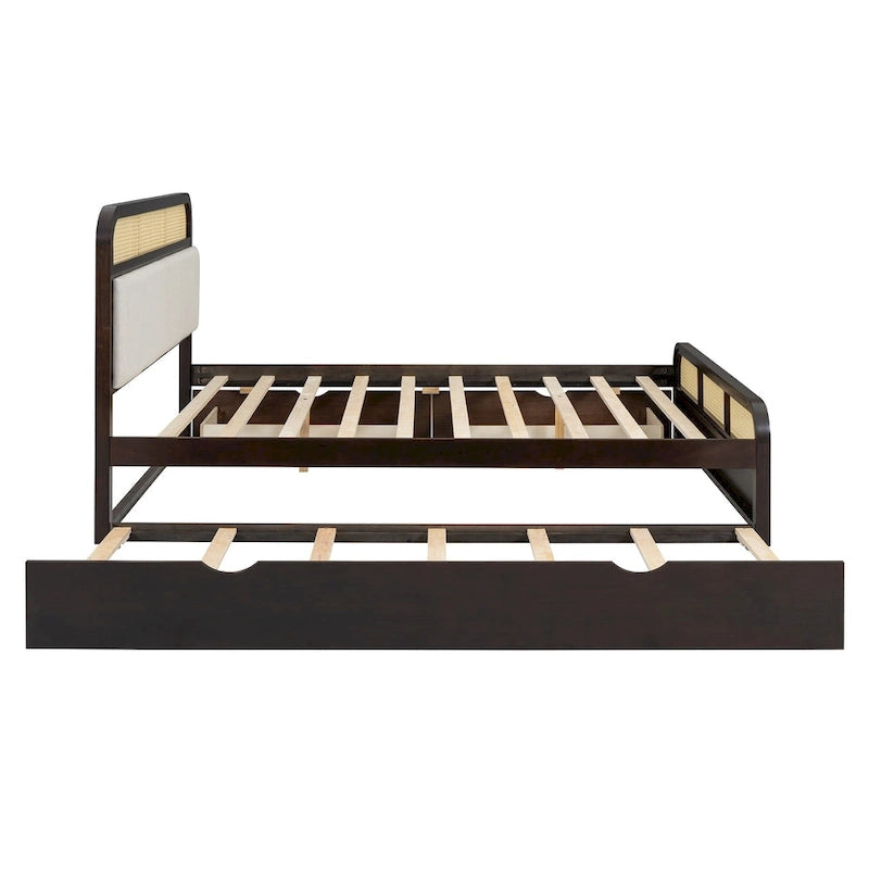 Letto a piattaforma Queen in legno di canna Boho con testiera in legno, letto estraibile e 2 cassetti portaoggetti