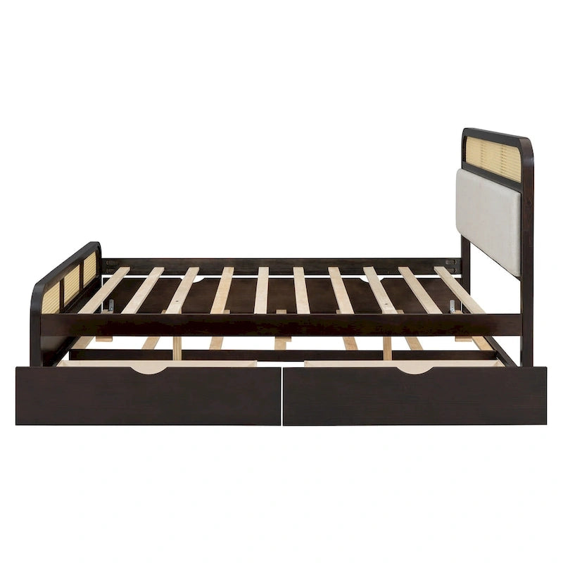 Letto a piattaforma Queen in legno di canna Boho con testiera in legno, letto estraibile e 2 cassetti portaoggetti