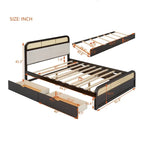 Letto a piattaforma Queen in legno di canna Boho con testiera in legno, letto estraibile e 2 cassetti portaoggetti