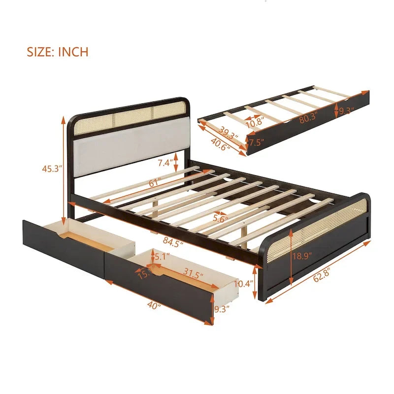Letto a piattaforma Queen in legno di canna Boho con testiera in legno, letto estraibile e 2 cassetti portaoggetti