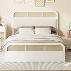 Letto a piattaforma Queen in legno di canna Boho con testiera in legno, letto estraibile e 2 cassetti portaoggetti