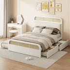 Letto a piattaforma Queen in legno di canna Boho con testiera in legno, letto estraibile e 2 cassetti portaoggetti