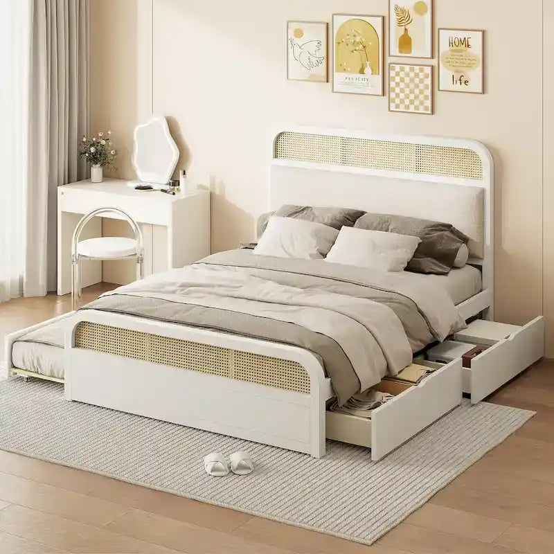 Letto a piattaforma Queen in legno di canna Boho con testiera in legno, letto estraibile e 2 cassetti portaoggetti