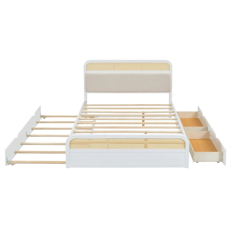 Letto a piattaforma Queen in legno di canna Boho con testiera in legno, letto estraibile e 2 cassetti portaoggetti