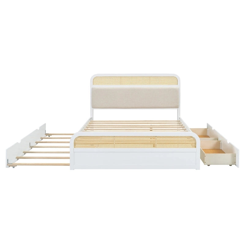 Letto a piattaforma Queen in legno di canna Boho con testiera in legno, letto estraibile e 2 cassetti portaoggetti