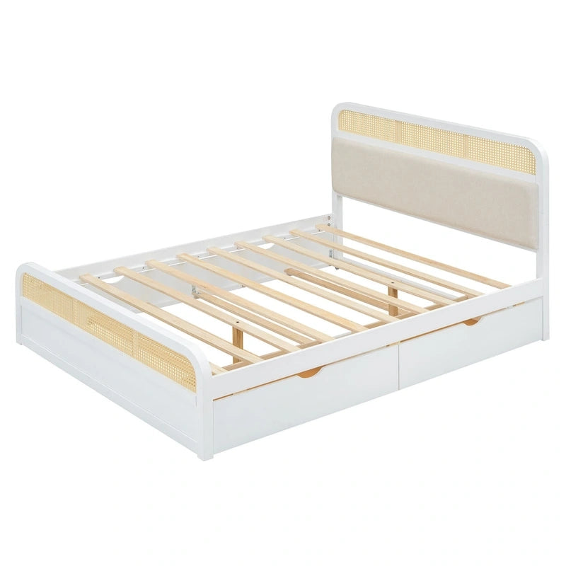Letto a piattaforma Queen in legno di canna Boho con testiera in legno, letto estraibile e 2 cassetti portaoggetti