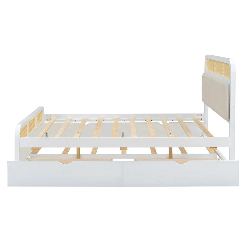 Letto a piattaforma Queen in legno di canna Boho con testiera in legno, letto estraibile e 2 cassetti portaoggetti