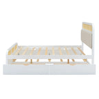 Letto a piattaforma Queen in legno di canna Boho con testiera in legno, letto estraibile e 2 cassetti portaoggetti