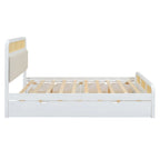 Letto a piattaforma Queen in legno di canna Boho con testiera in legno, letto estraibile e 2 cassetti portaoggetti