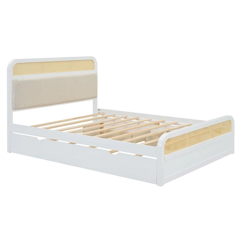 Letto a piattaforma Queen in legno di canna Boho con testiera in legno, letto estraibile e 2 cassetti portaoggetti