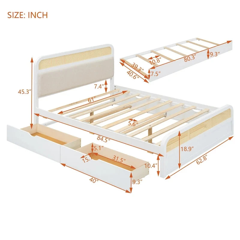 Letto a piattaforma Queen in legno di canna Boho con testiera in legno, letto estraibile e 2 cassetti portaoggetti