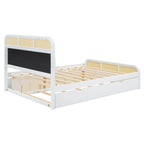 Letto a piattaforma Queen in legno di canna Boho con testiera in legno, letto estraibile e 2 cassetti portaoggetti