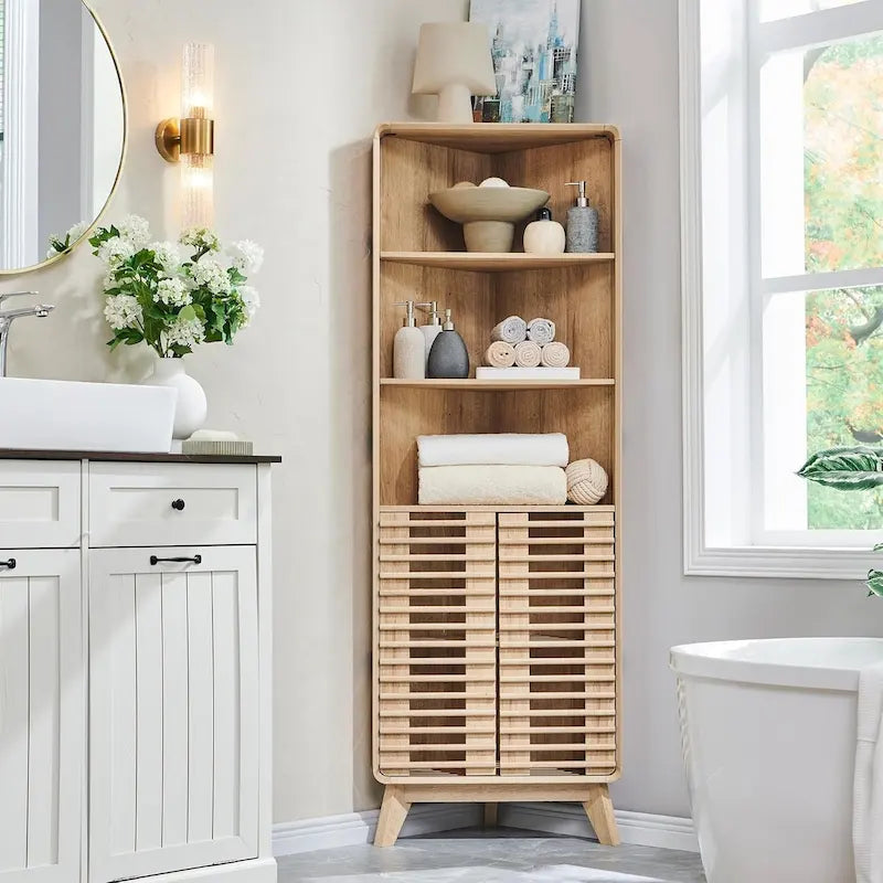 Armadio Alto ad Angolo con Ante a Persiana, Mobile Bagno Mid-Century da 172 cm