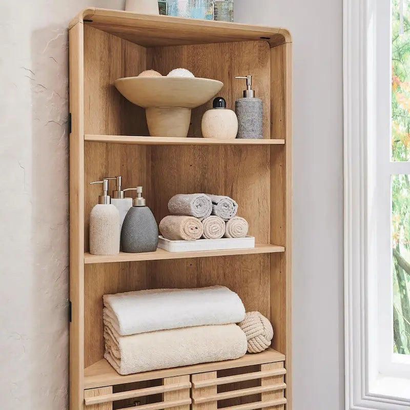 Armadio Alto ad Angolo con Ante a Persiana, Mobile Bagno Mid-Century da 172 cm