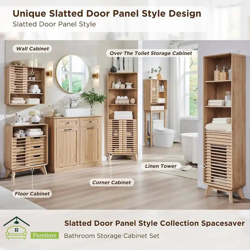 Armadio Alto ad Angolo con Ante a Persiana, Mobile Bagno Mid-Century da 172 cm