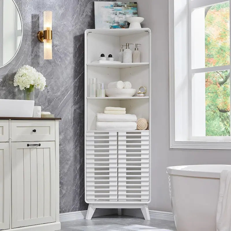 Armadio Alto ad Angolo con Ante a Persiana, Mobile Bagno Mid-Century da 172 cm