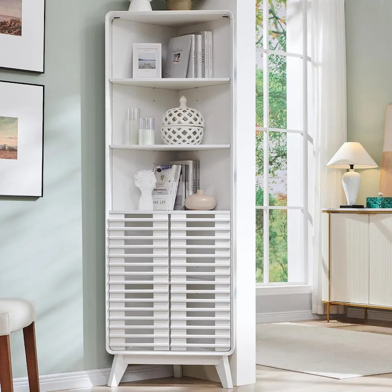 Armadio Alto ad Angolo con Ante a Persiana, Mobile Bagno Mid-Century da 172 cm
