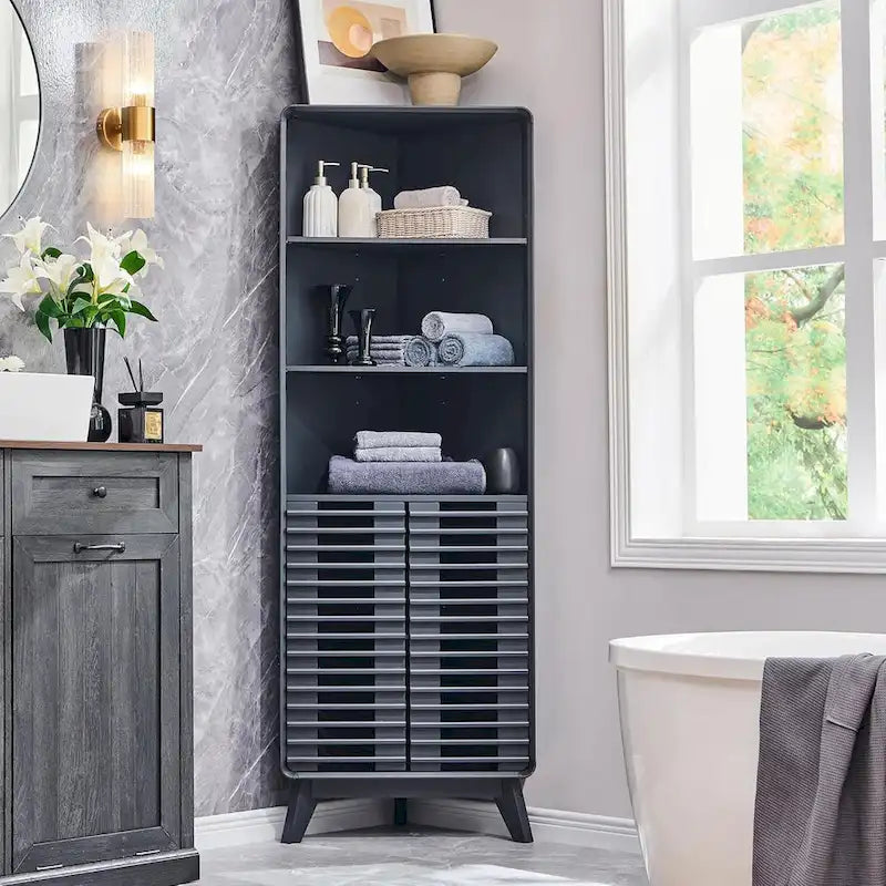 Armadio Alto ad Angolo con Ante a Persiana, Mobile Bagno Mid-Century da 172 cm