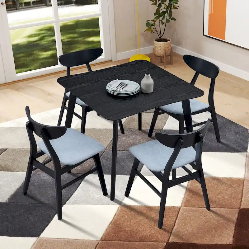 Set da tavolo da pranzo in legno per 4 persone, set da pranzo da cucina da 5 pezzi con tavolo da pranzo quadrato e 4 sedie imbottite in tessuto