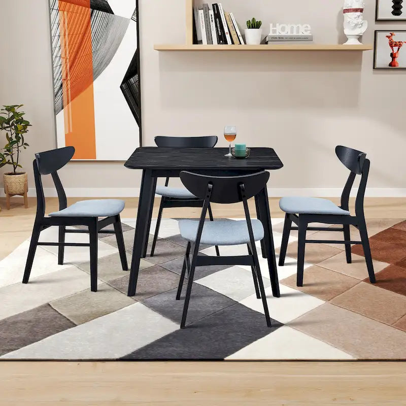 Set da tavolo da pranzo in legno per 4 persone, set da pranzo da cucina da 5 pezzi con tavolo da pranzo quadrato e 4 sedie imbottite in tessuto