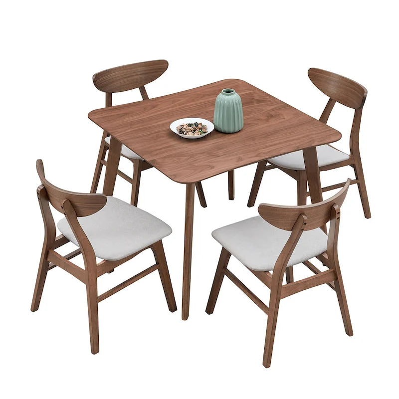 Set da tavolo da pranzo in legno per 4 persone, set da pranzo da cucina da 5 pezzi con tavolo da pranzo quadrato e 4 sedie imbottite in tessuto