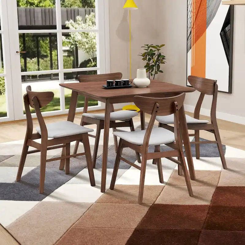 Set da tavolo da pranzo in legno per 4 persone, set da pranzo da cucina da 5 pezzi con tavolo da pranzo quadrato e 4 sedie imbottite in tessuto