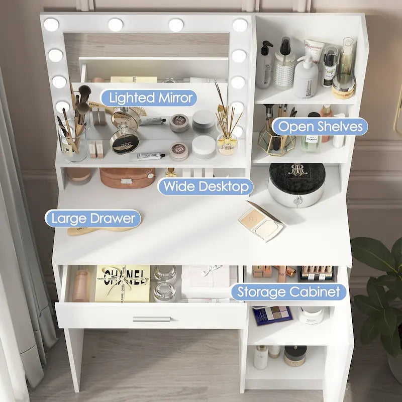 Vanity Desk with Mirror and Lights, Makeup Vanity with Drawer and Storage Shelves, Dressing Table with 3 Lighting Modes