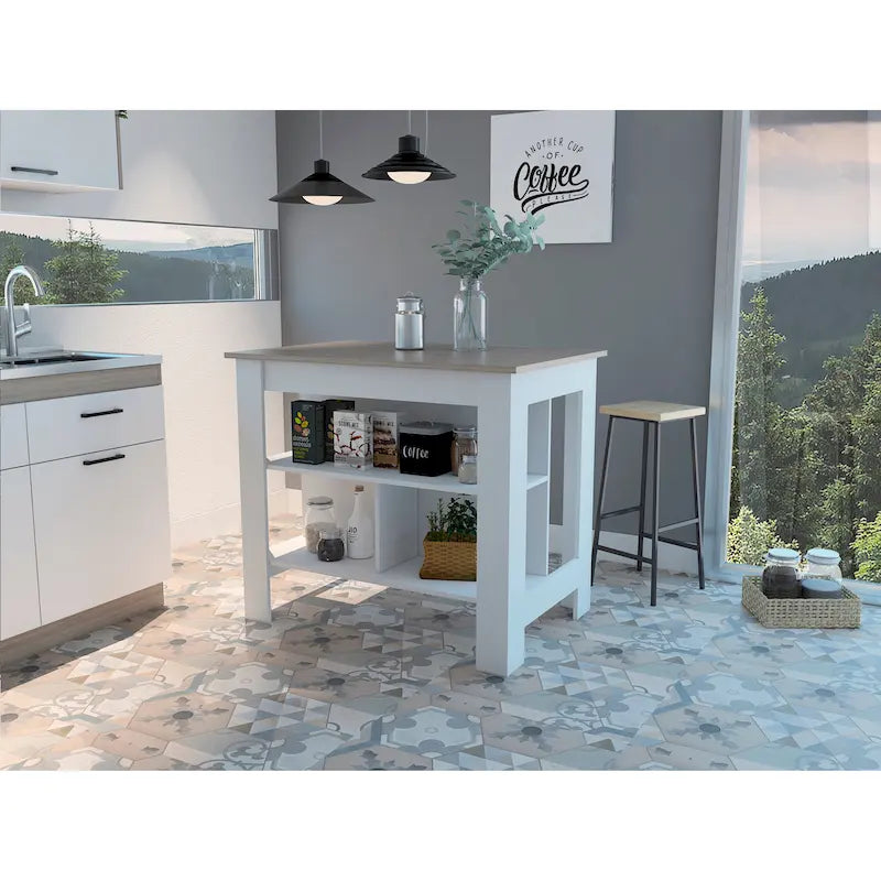 Isola cucina con quattro gambe, tre ripiani