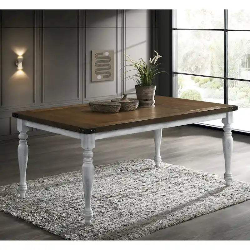 Set da pranzo Salines da 7 pezzi, bianco rustico e rovere