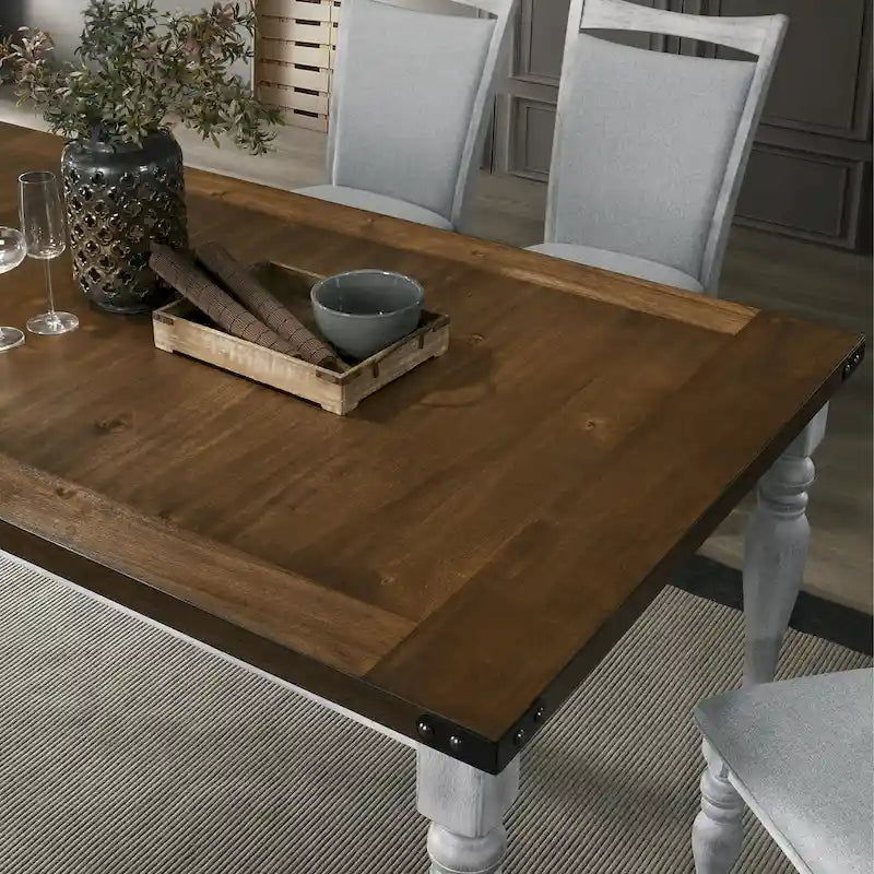 Set da pranzo Salines da 7 pezzi, bianco rustico e rovere
