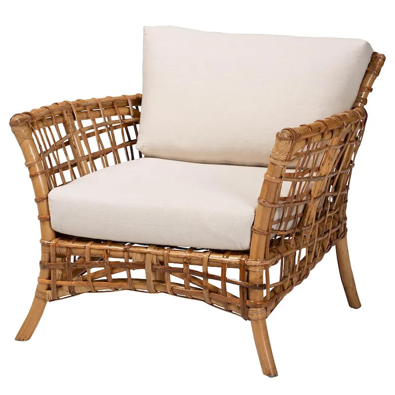 Poltrona Babette moderna in rattan naturale marrone stile bohémien