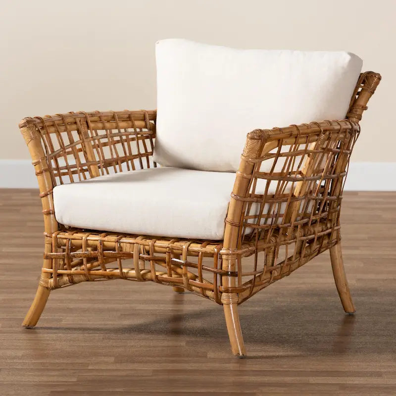 Poltrona Babette moderna in rattan naturale marrone stile bohémien