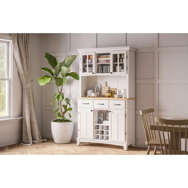 Buffet Off-White con credenza a due ripiani e piano in legno
