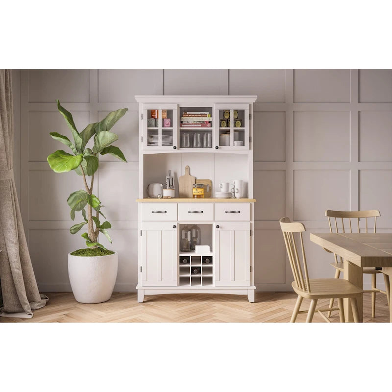 Buffet Off-White con credenza a due ripiani e piano in legno