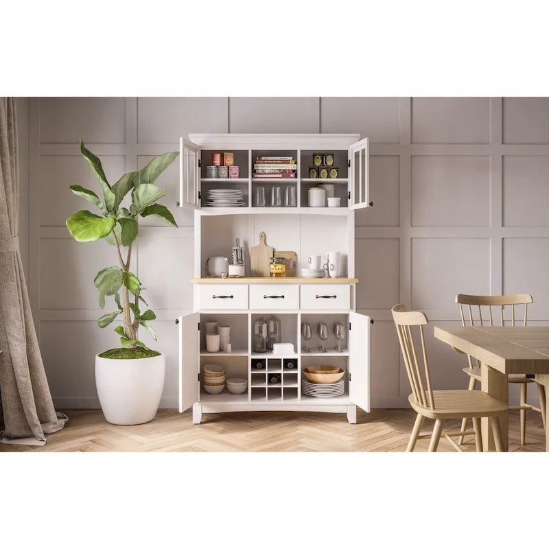 Buffet Off-White con credenza a due ripiani e piano in legno