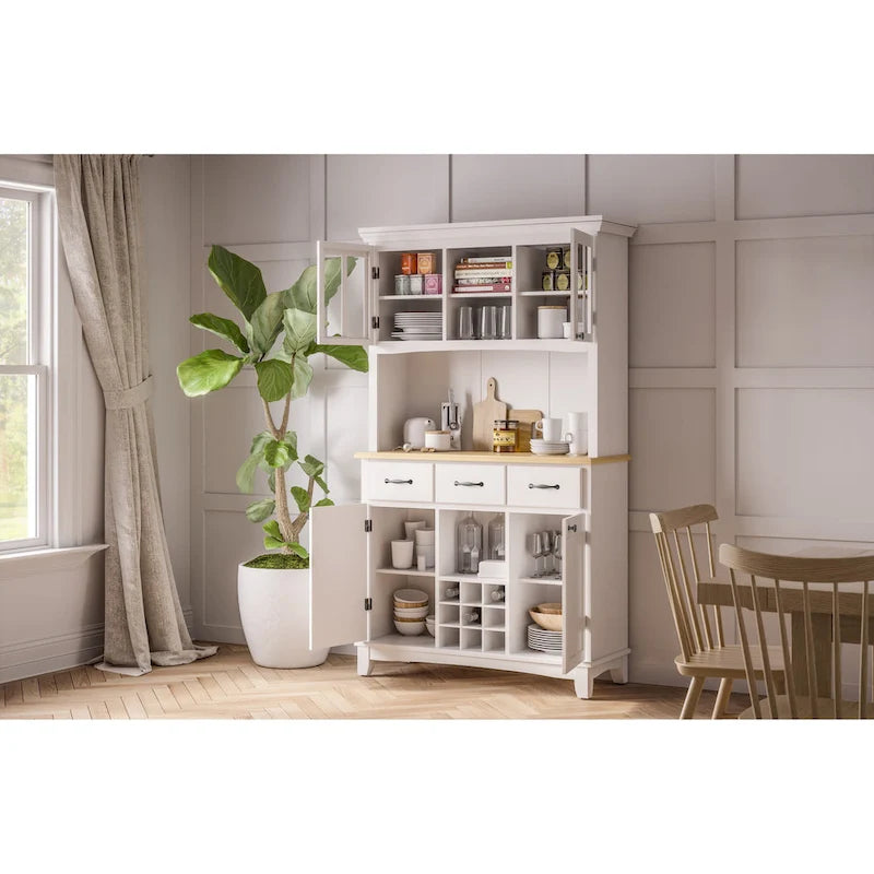 Buffet Off-White con credenza a due ripiani e piano in legno