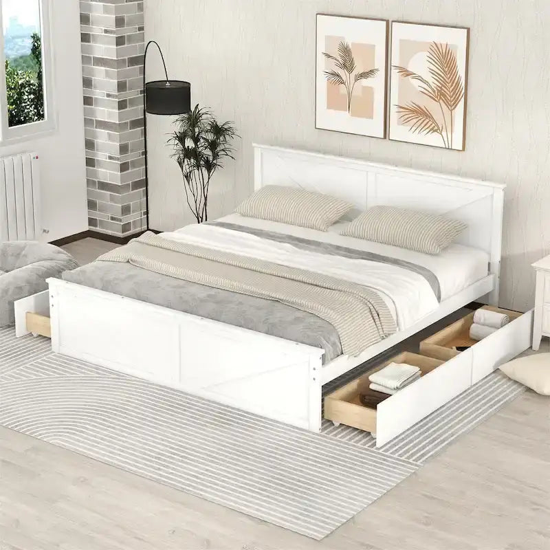 Letto a piattaforma King Size con quattro cassetti portaoggetti e gambe di supporto