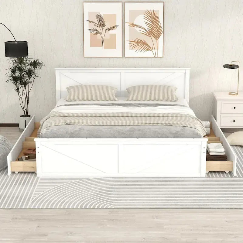 Letto a piattaforma King Size con quattro cassetti portaoggetti e gambe di supporto