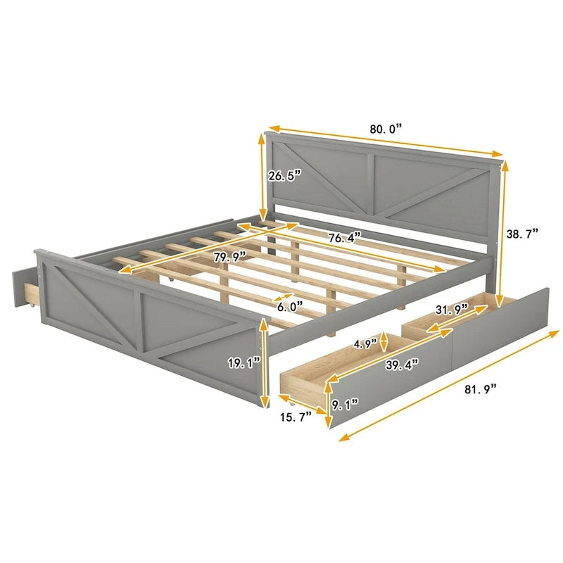 Letto a piattaforma King Size con quattro cassetti portaoggetti e gambe di supporto