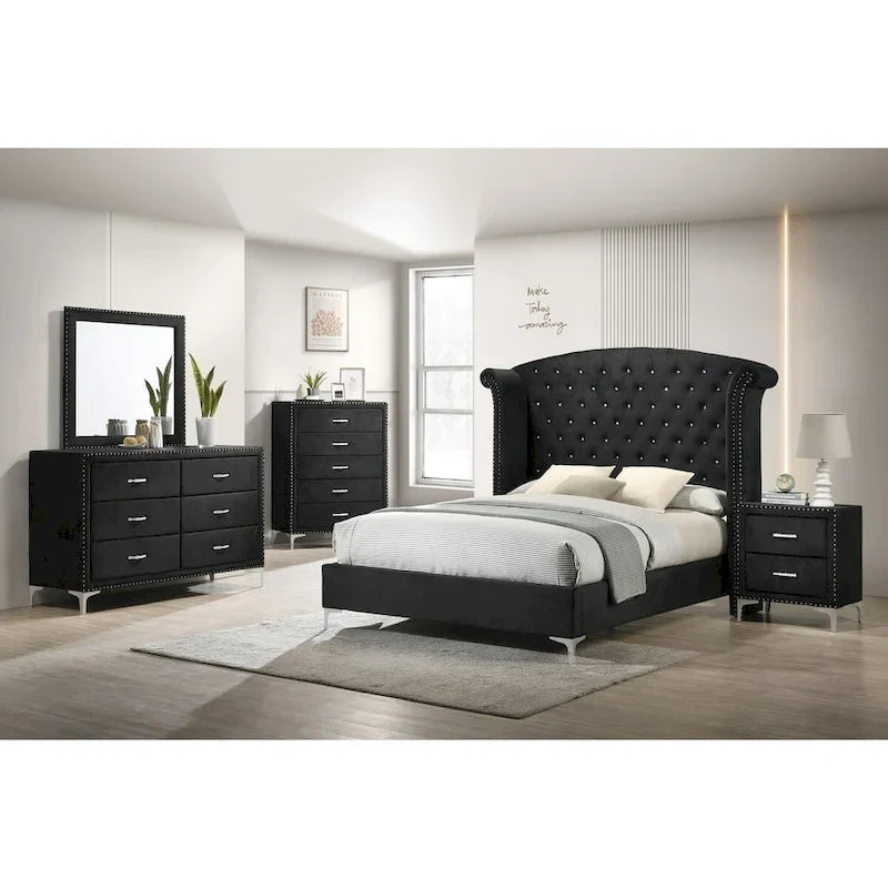 Letto king size Sheridan con pannello imbottito e capitonné, in velluto nero con alette laterali