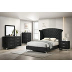 Letto king size Sheridan con pannello imbottito e capitonné, in velluto nero con alette laterali