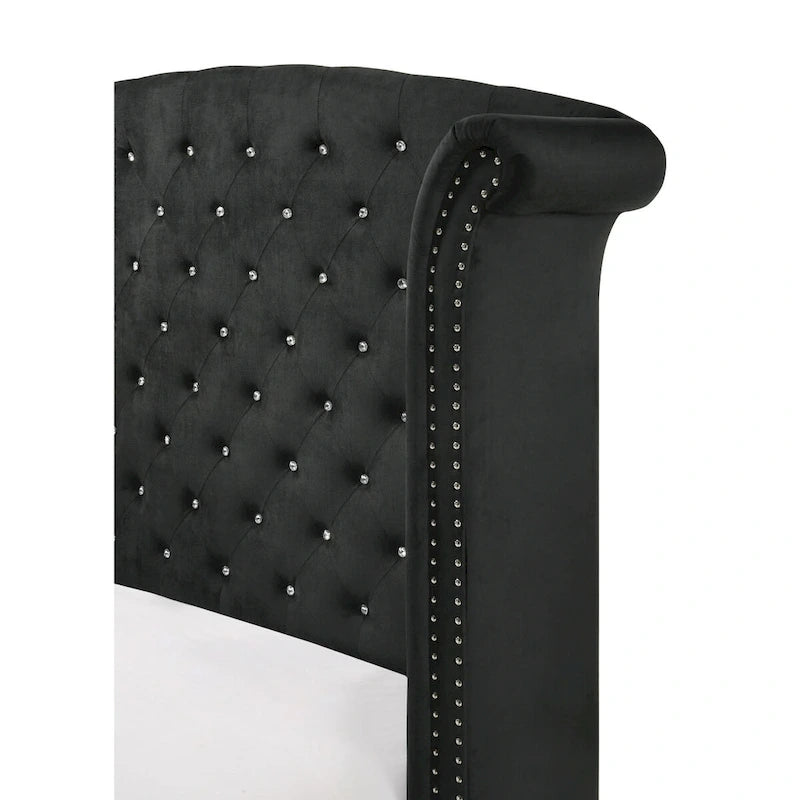 Letto king size Sheridan con pannello imbottito e capitonné, in velluto nero con alette laterali