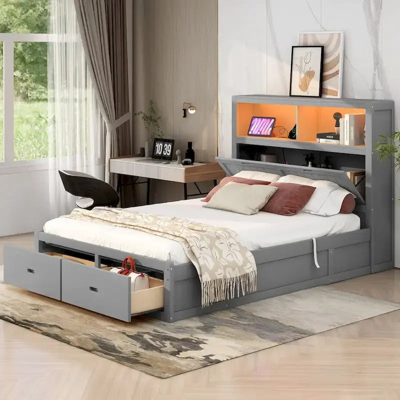 Letto a piattaforma idraulico matrimoniale in legno con LED e stazione di ricarica
