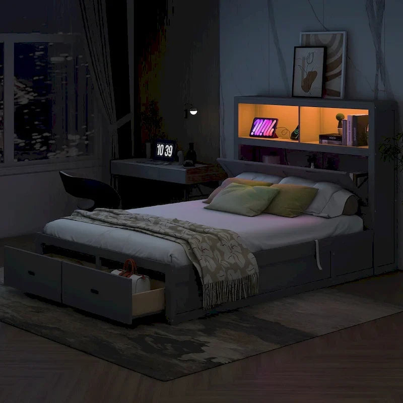 Letto a piattaforma idraulico matrimoniale in legno con LED e stazione di ricarica